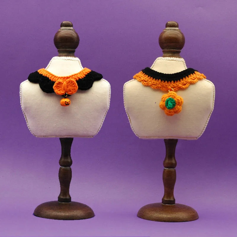 Hand-crocheted wool pet collar in Silent Pumpkin colour with adjustable sizing