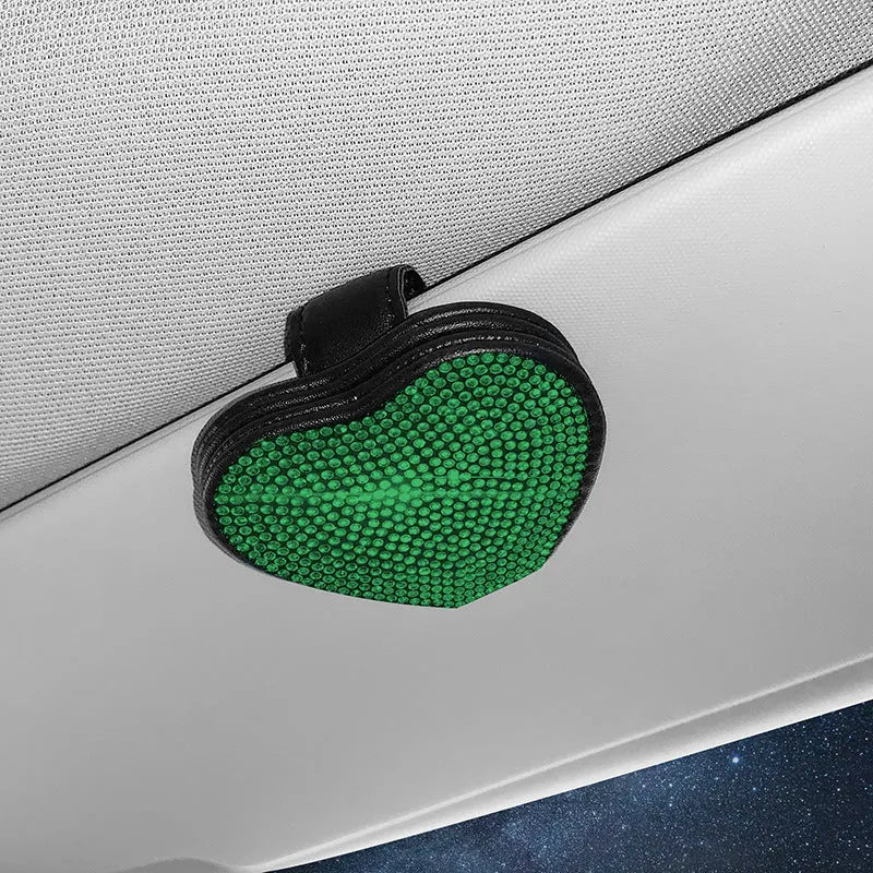 Car sun visor glasses clip made of PU leather with diamond encrusted design in various colours holding sunglasses