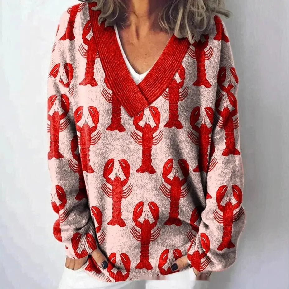 Women's V-neck long sleeve sweatshirt with a white-based 3D floral print pattern.