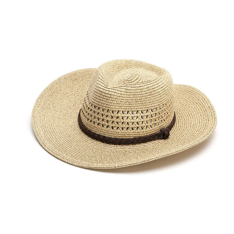 Foldable straw sun hat for men with wide brim in mixed beige colour