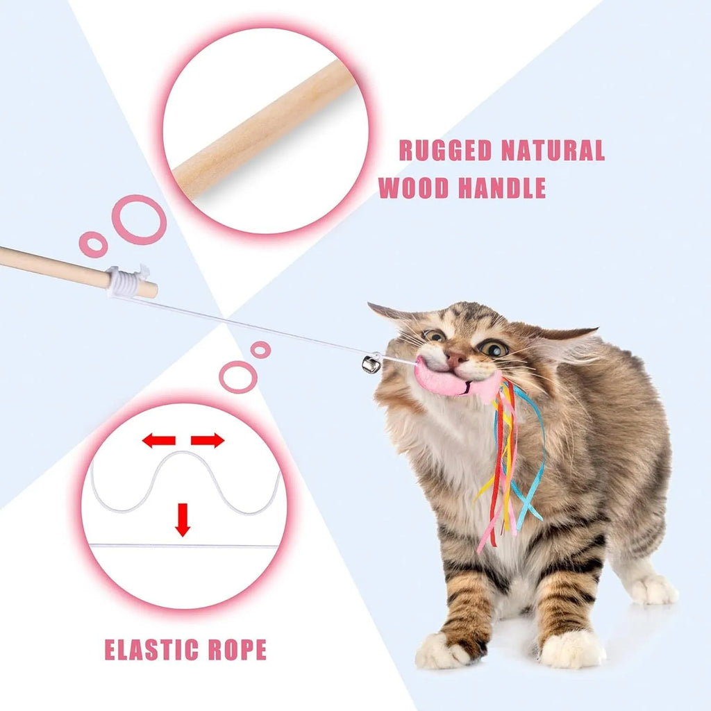 Cat wand toy with wooden handle, elastic rope, catnip fish, colourful ribbons and small bell