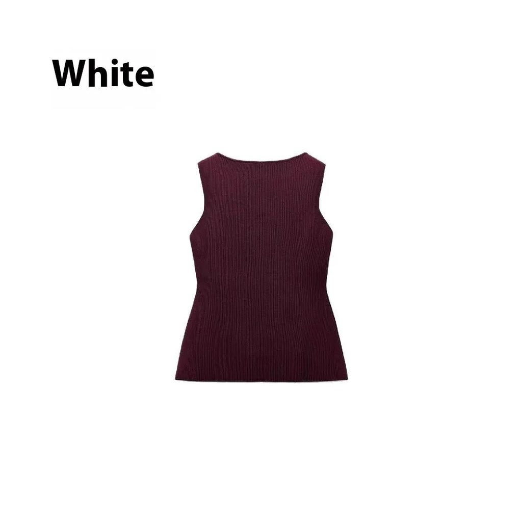 Dark red slim fit women's sweater vest with gold buttons and a 3D pattern texture.