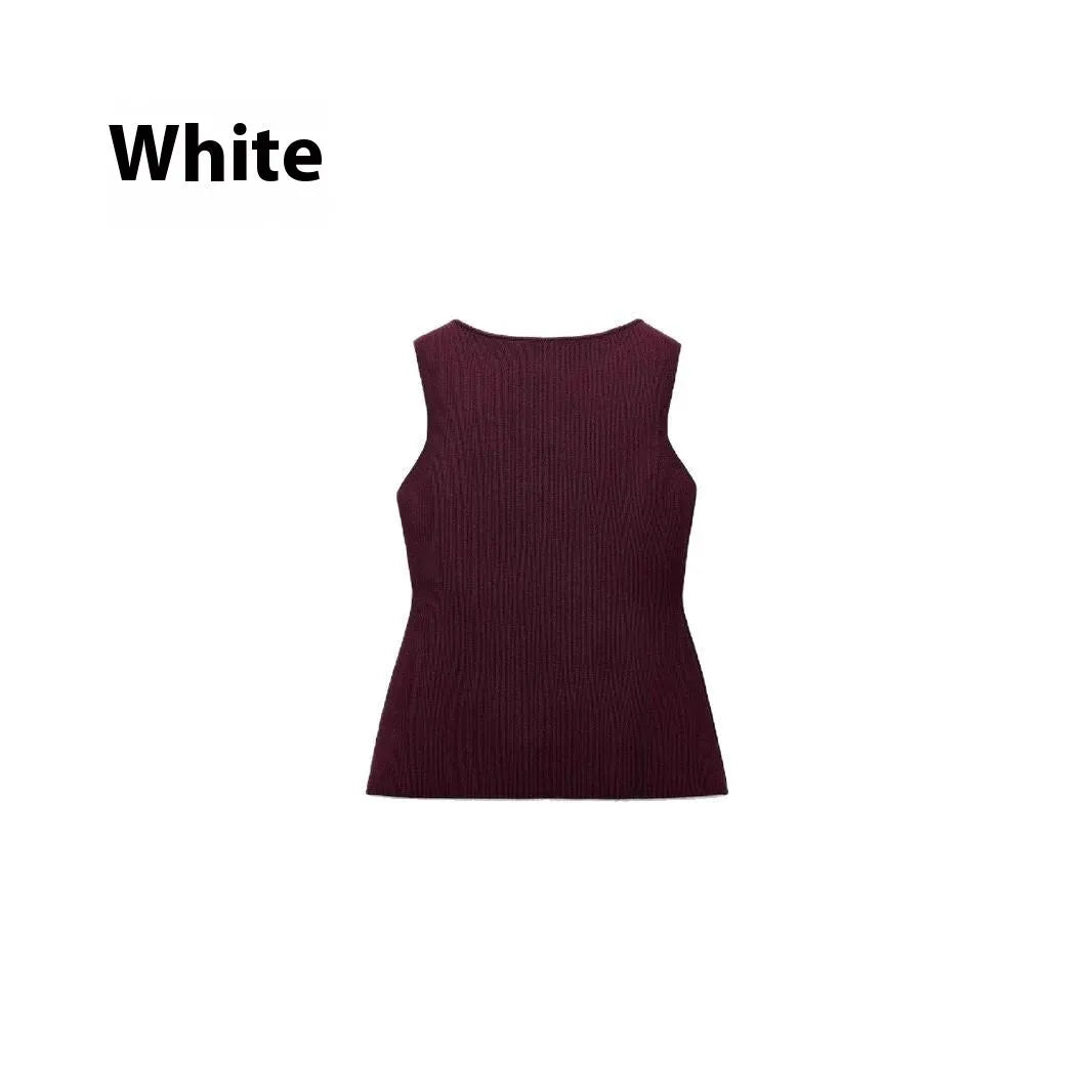 Dark red slim fit women's sweater vest with gold buttons and a 3D pattern texture.
