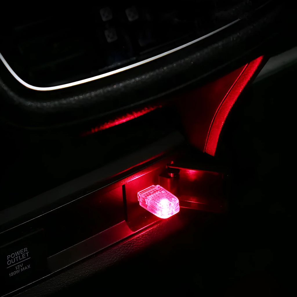 USB car atmosphere light unit with touch controls for steady white, blue, pink, ice blue, and voice-controlled RGB lighting.