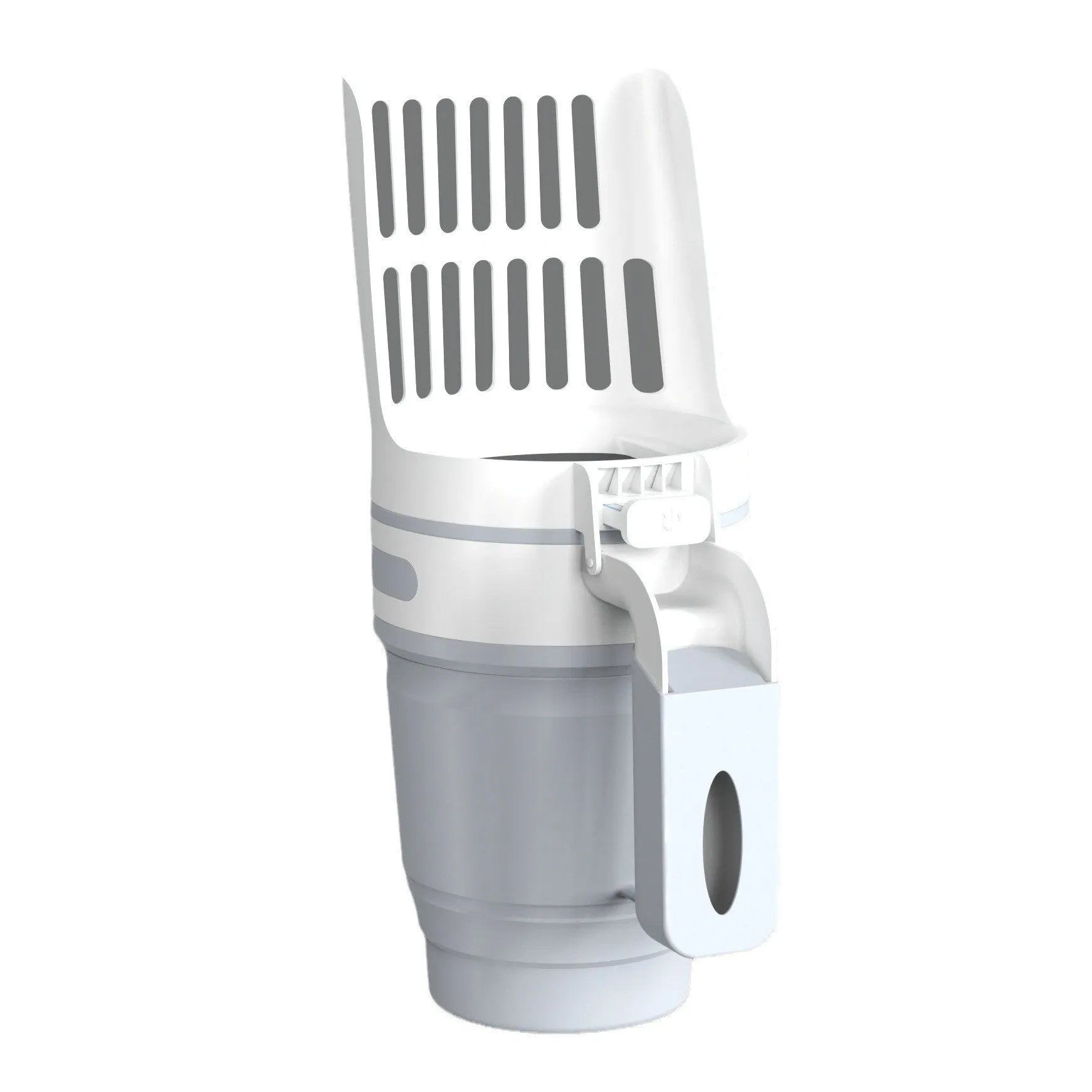 Grey cat litter scoop with refill bags showing 2-in-1 design for waste collection