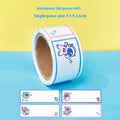 Roll of colourful cartoon message index stickers showing dinosaur, astronaut, rabbit, and girl designs.