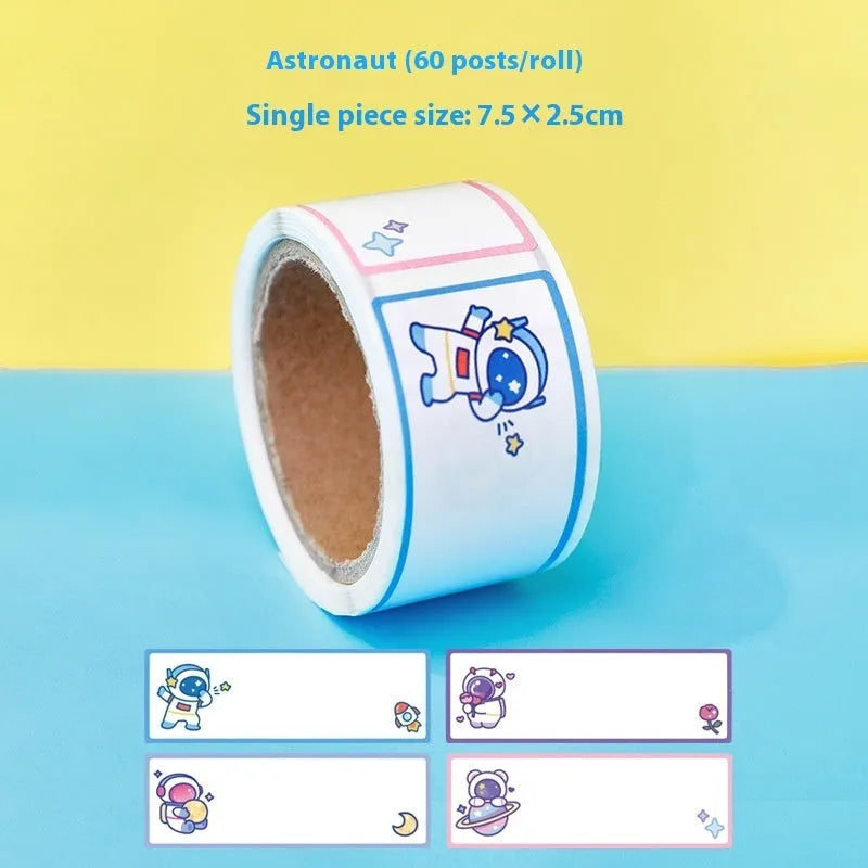 Roll of colourful cartoon message index stickers showing dinosaur, astronaut, rabbit, and girl designs.