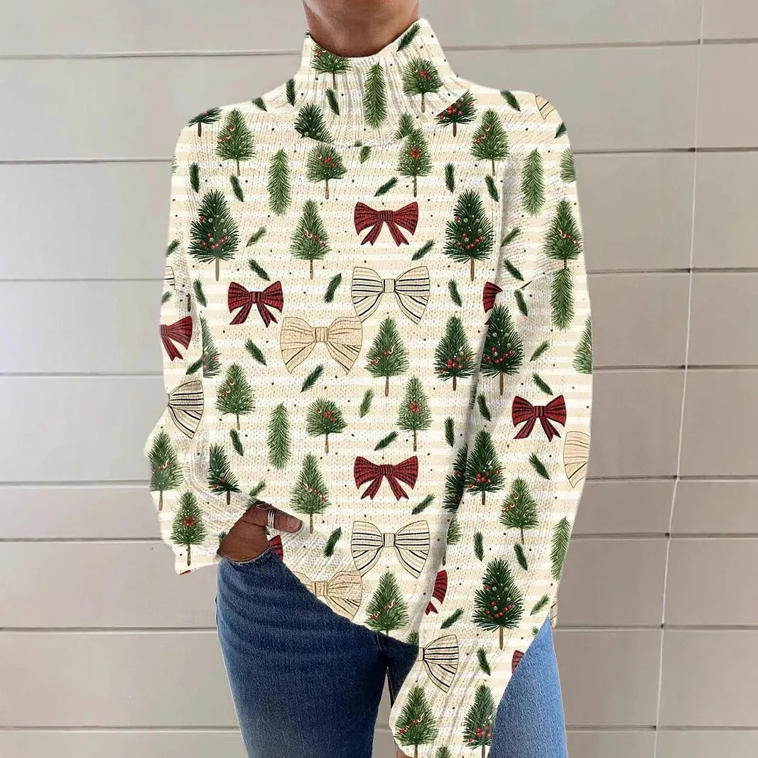 Women's Christmas printed turtleneck sweater in loose fit with festive painting pattern design