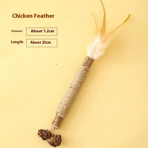 Large wooden cat chew toy with a 2.2cm diameter handle and a dangling teaser with catnip and feathers.