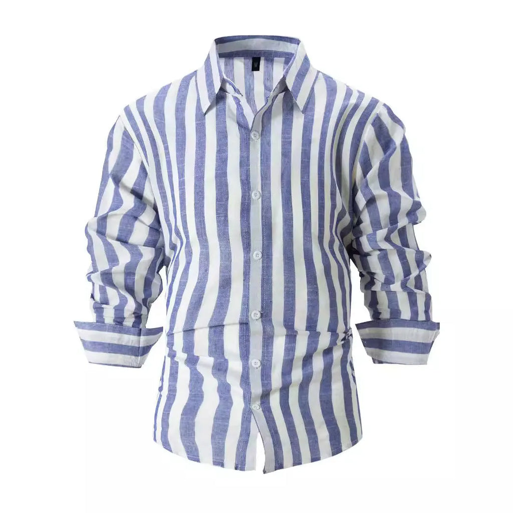 Men's yarn-dyed striped casual shirt in British-style loose fit with long sleeves