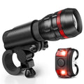 Bicycle headlight and taillight set with a black mounting bracket on a handlebar.