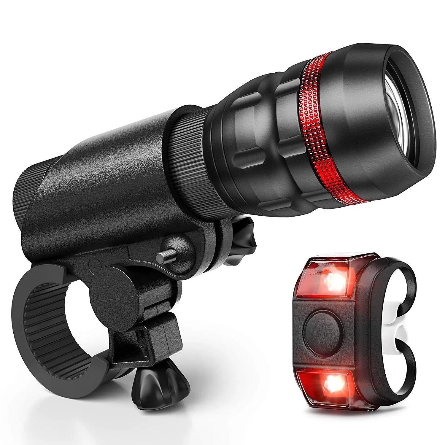 Bicycle headlight and taillight set with a black mounting bracket on a handlebar.
