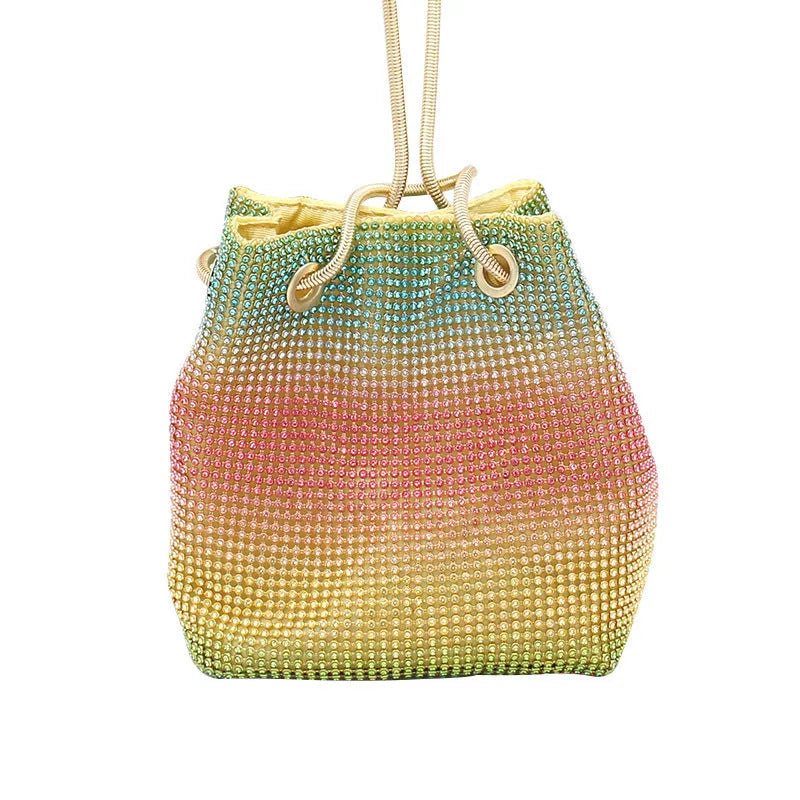 Rainbow rhinestone bucket handbag with glittering crystal surface