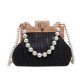 Women's straw shoulder bag with pearl chain detail in horizontal square shape