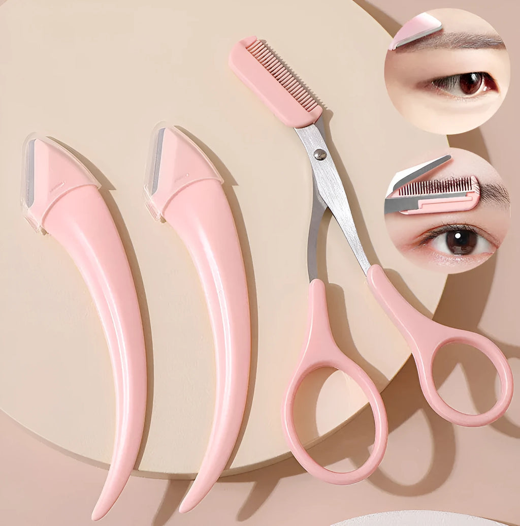 Curved moon-shaped eyebrow trimming knife with plastic handle and cutting comb for eyebrow grooming