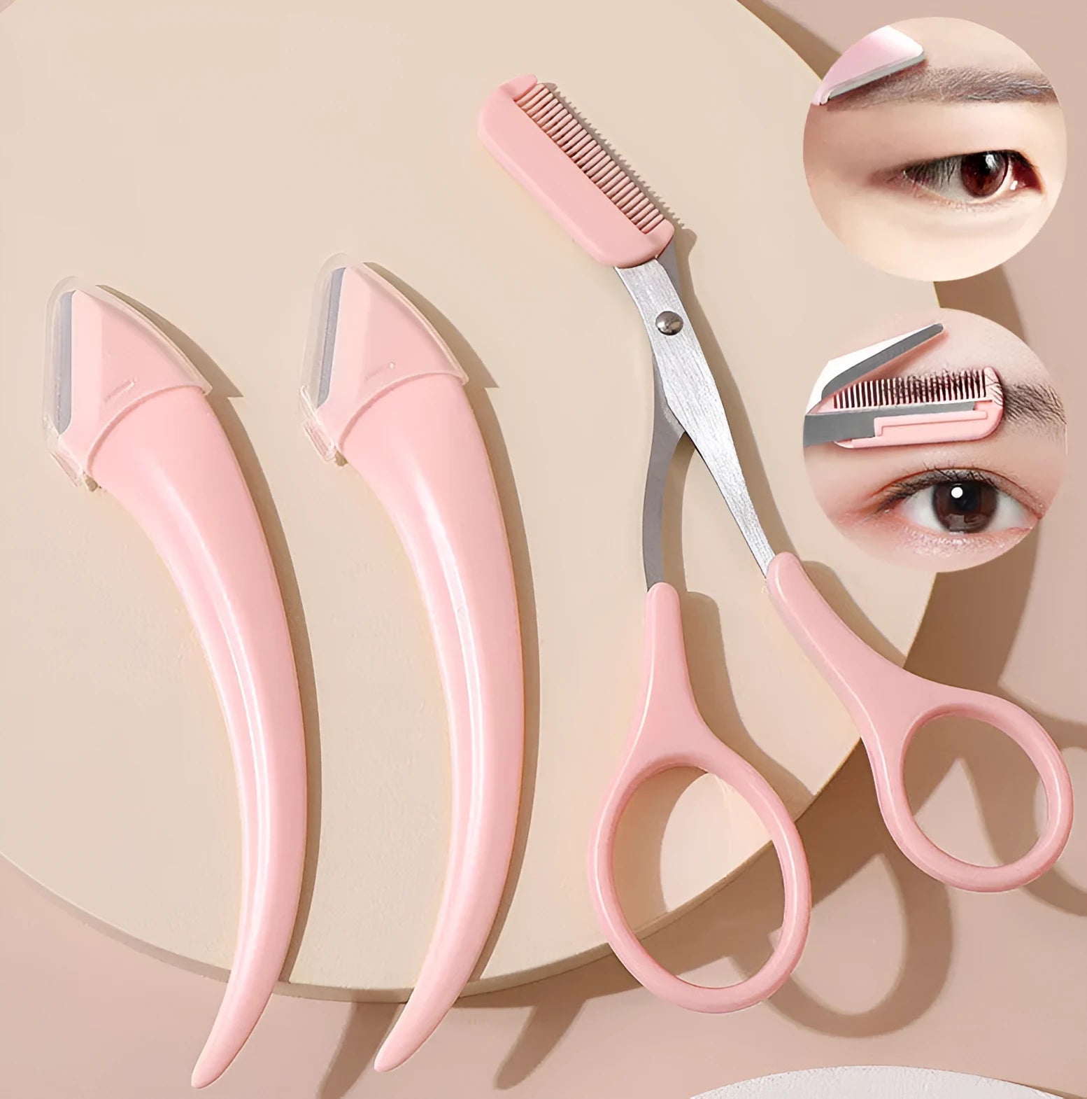 Curved moon-shaped eyebrow trimming knife with plastic handle and cutting comb for eyebrow grooming
