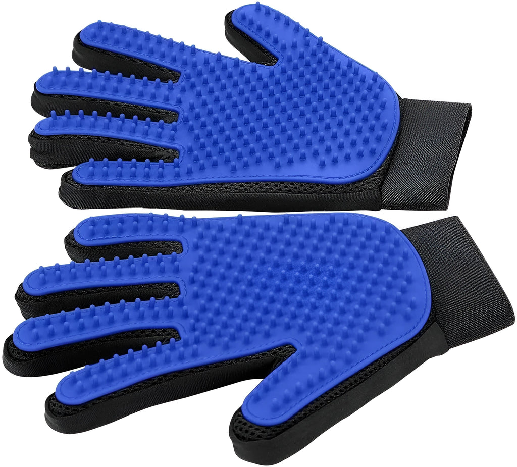 Blue pet grooming gloves with silicone tips for removing hair from dogs and cats during grooming
