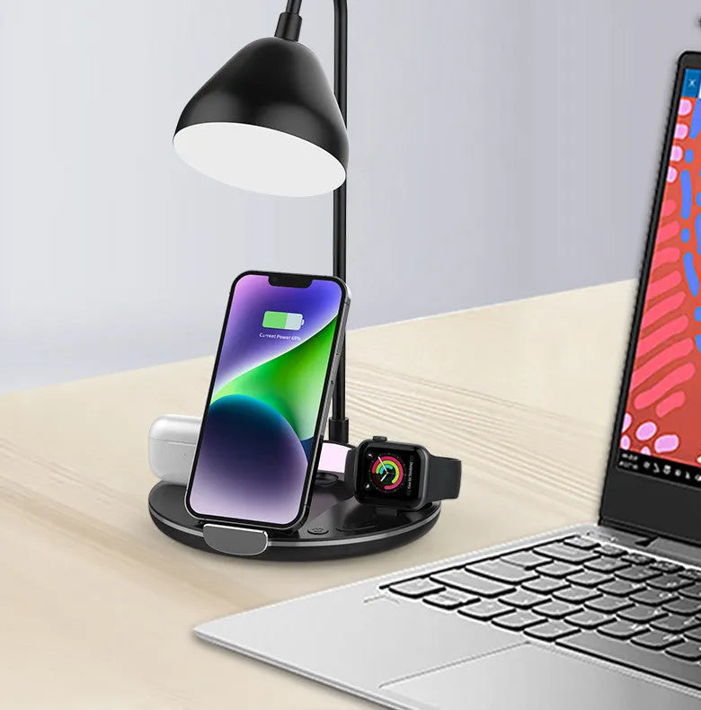 Black folding wireless charger showing magnetic phone attachment and built-in cable storage compartment