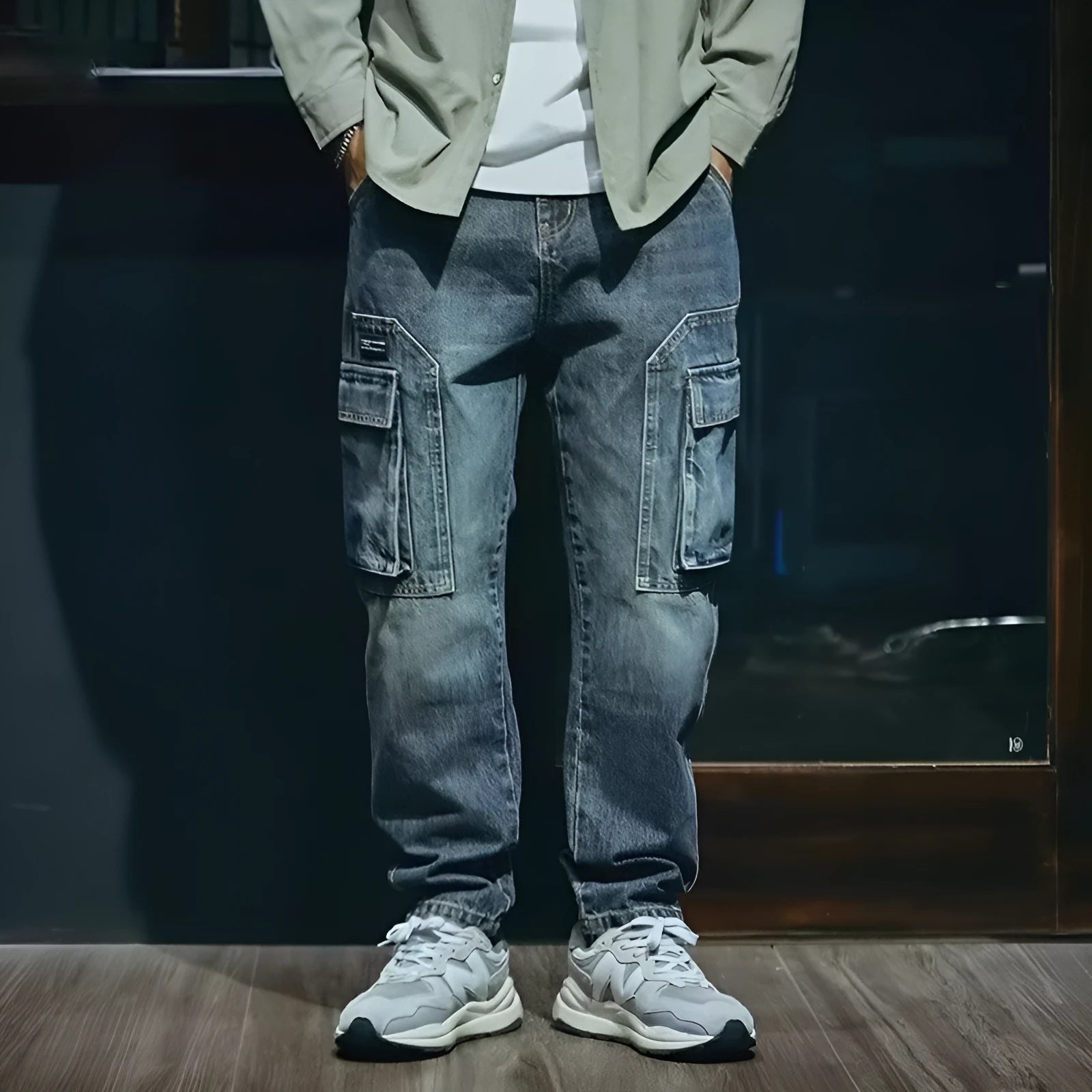 Men's blue loose straight leg stretch jeans with zip fly opening in casual retro style