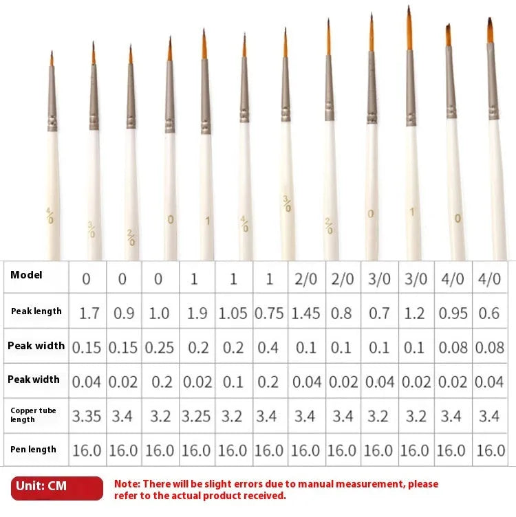 12 Pearl White artist brushes with nylon wool bristles and solid wood handles arranged by size.