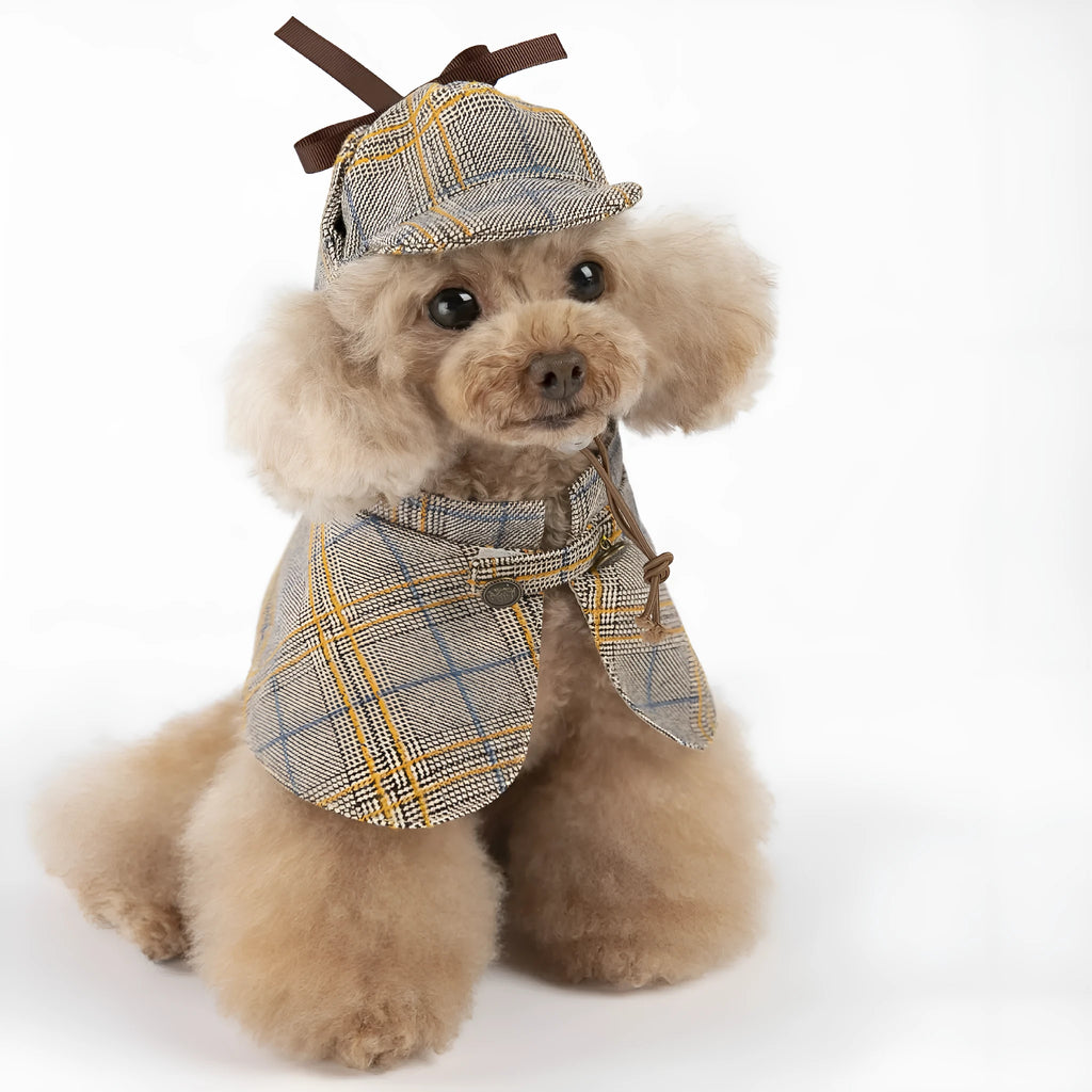 Camel-coloured cotton detective cloak for a pet, showing the adjustable hood and cloak length.
