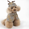Camel-coloured cotton detective cloak for a pet, showing the adjustable hood and cloak length.