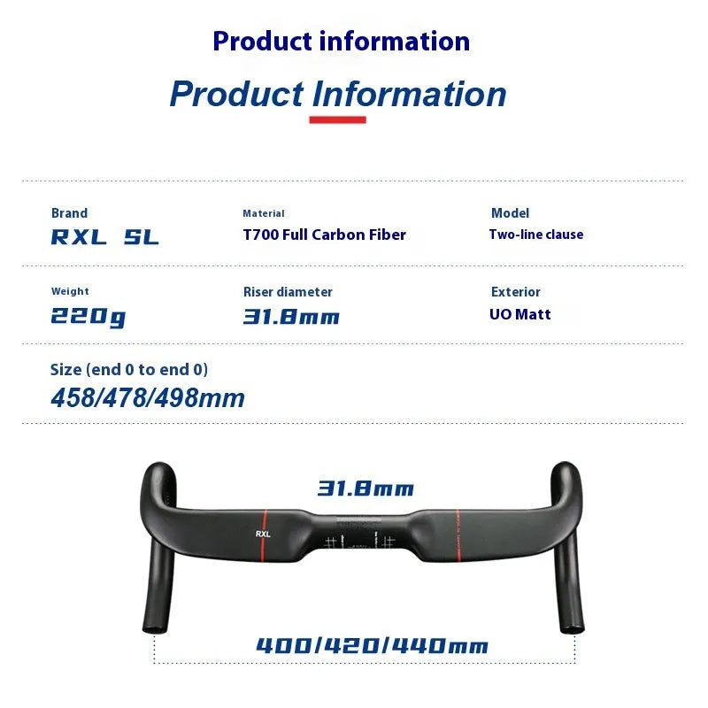 Carbon fibre road bicycle handlebar showing red double line graphic and 420mm width