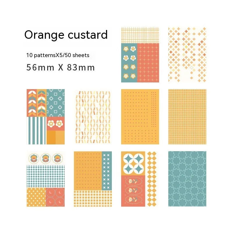 50 pieces of dessert-themed retro collage note paper in ten pastel colours measuring 56x83mm