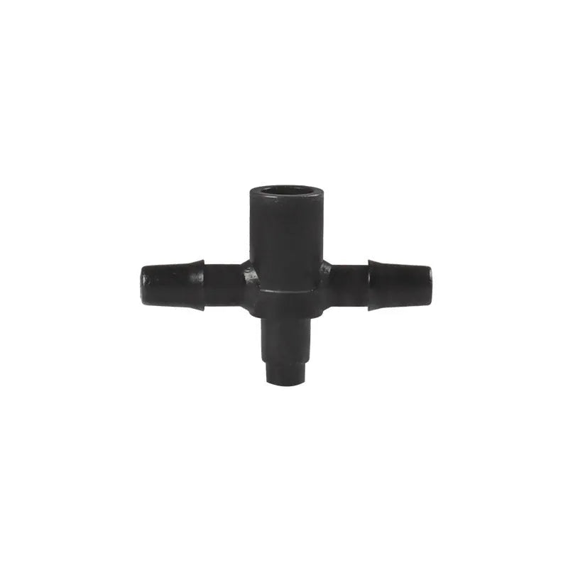 White polyethylene tee water distribution joint connector for irrigation systems.