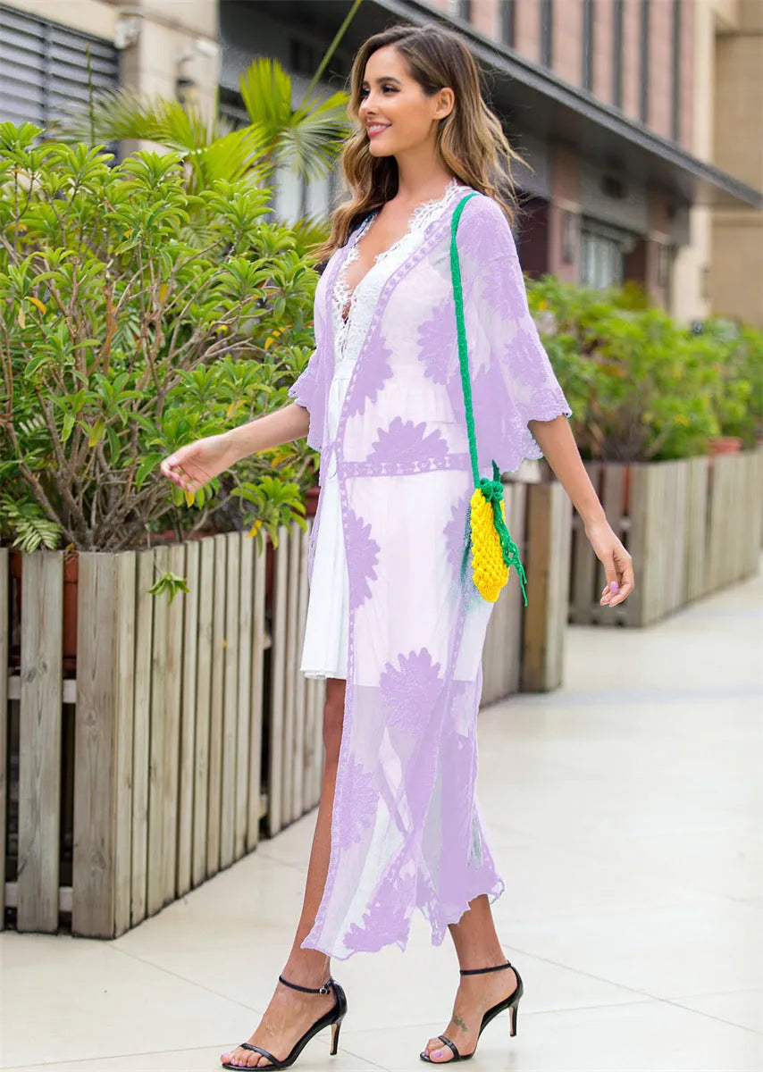 Light purple lace embroidery beach dress cardigan for women, free size swimwear outerwear