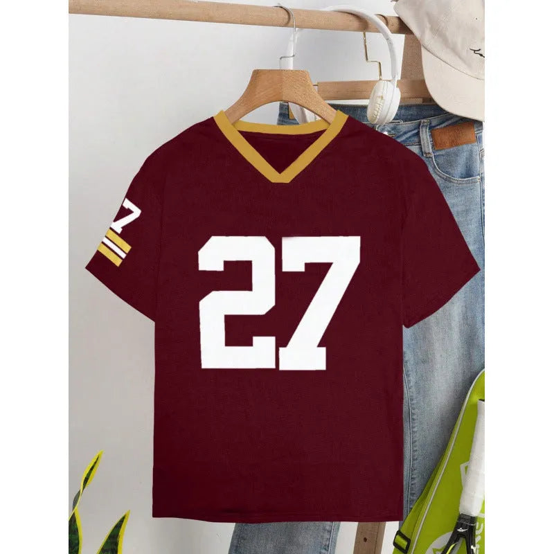 Casual loose-fitting red cotton T-shirt with a digital printed letter design on the front.