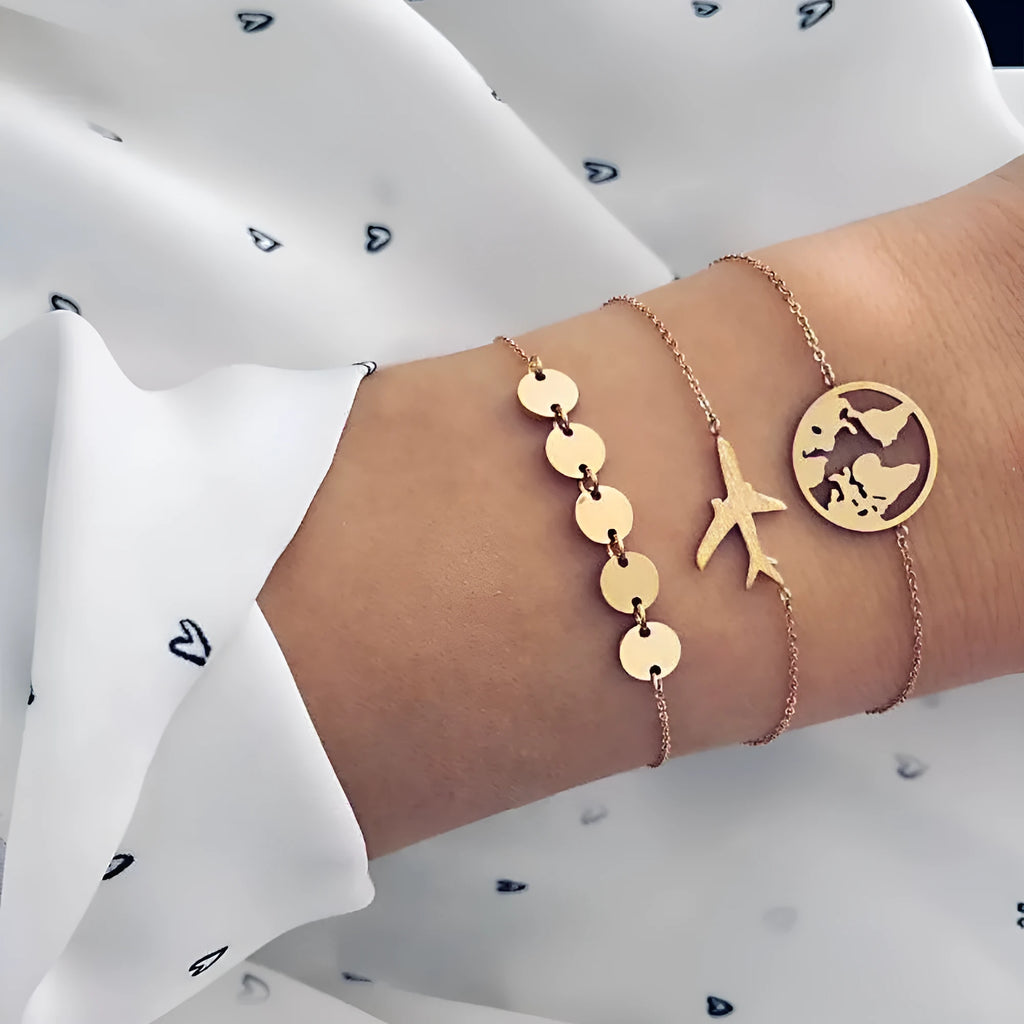 Three bohemian-style aircraft map charm bracelets with heart-shaped alloy charms in sku2104 colour