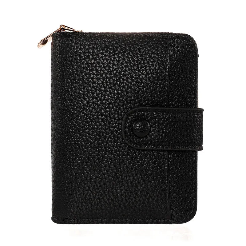 Beige women's short pu wallet with lychee pattern and sewing thread detail.