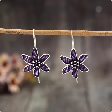 Purple flower retro alloy drop earrings with silver-tone electroplated finish