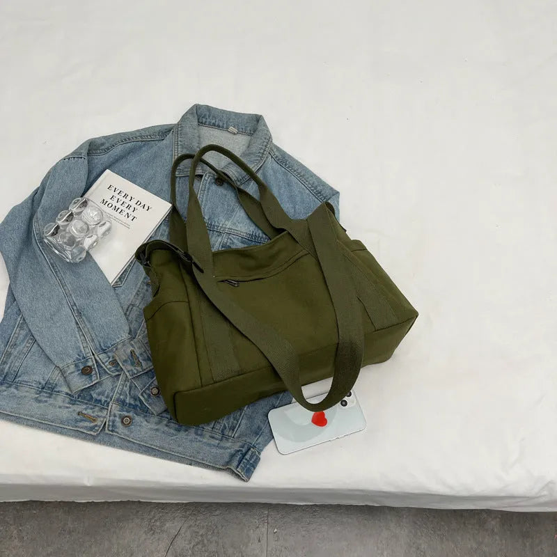 Large capacity polyester canvas tote bag with sandwich pocket and internal phone compartment