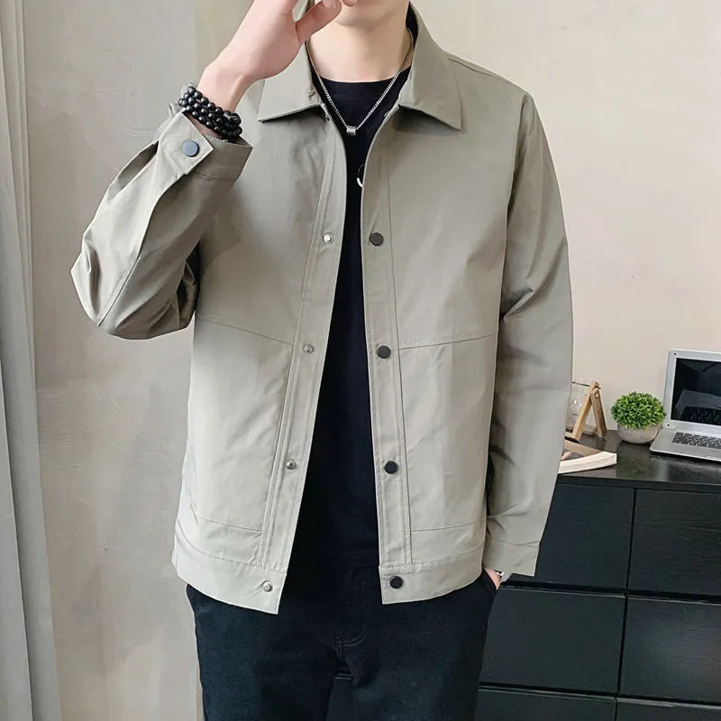 Men's single-layer Korean style jacket in black, blue gray, green gray, and light gray with long sleeves