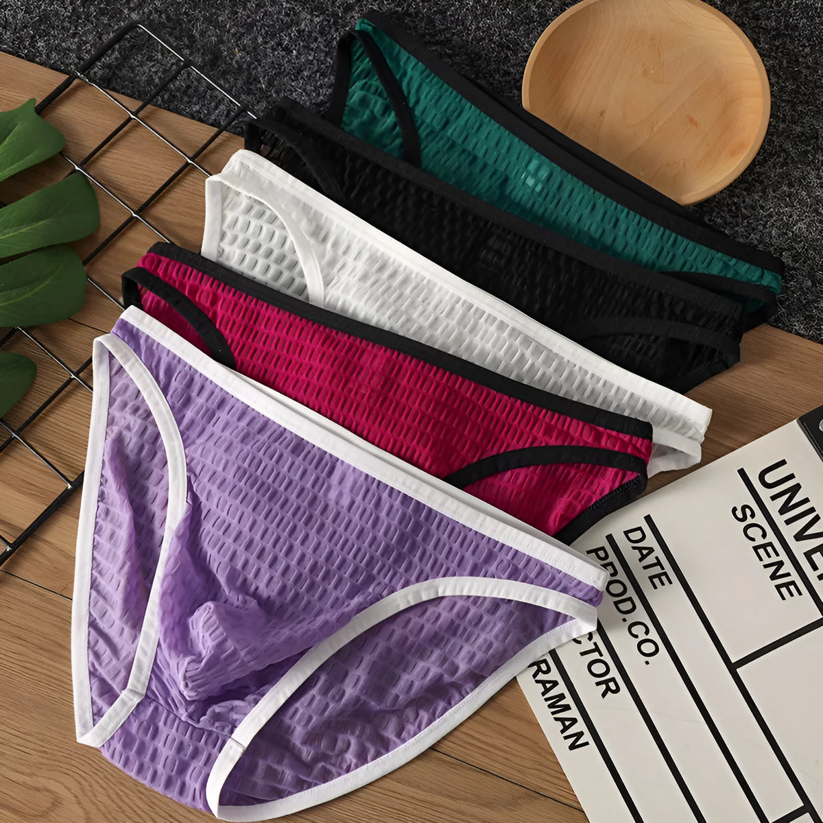 Men's low waist transparent lace underwear in multiple colours showing breathable quick-drying design