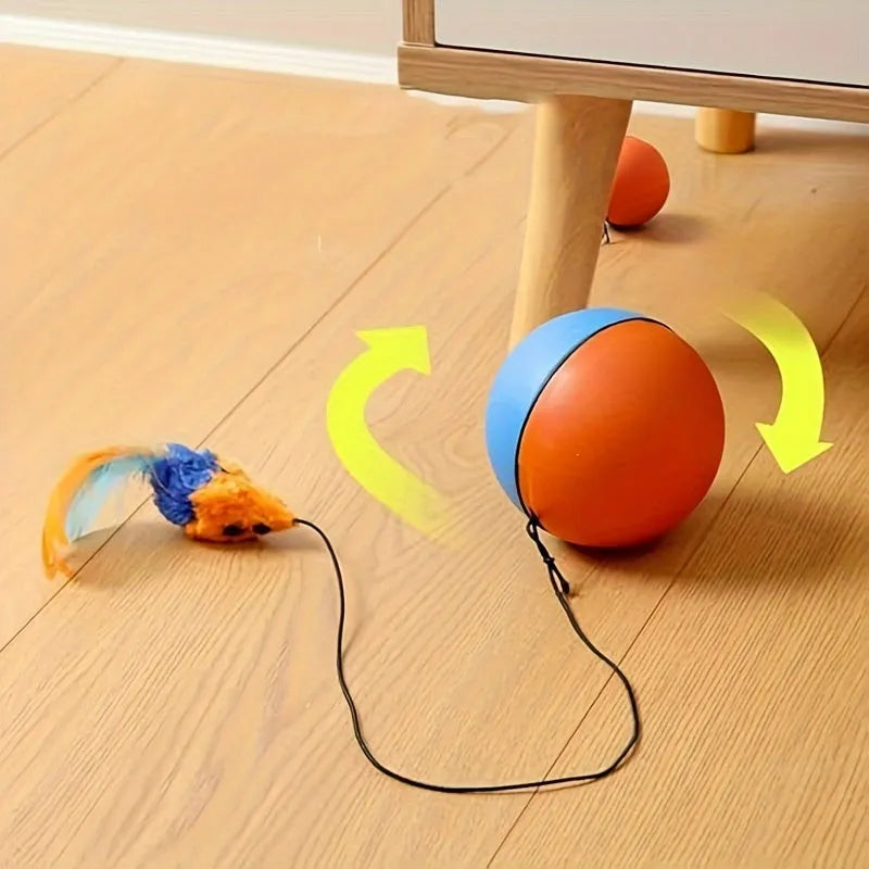 Blue and orange interactive cat toy ball with plush mouse attachment for feline exercise