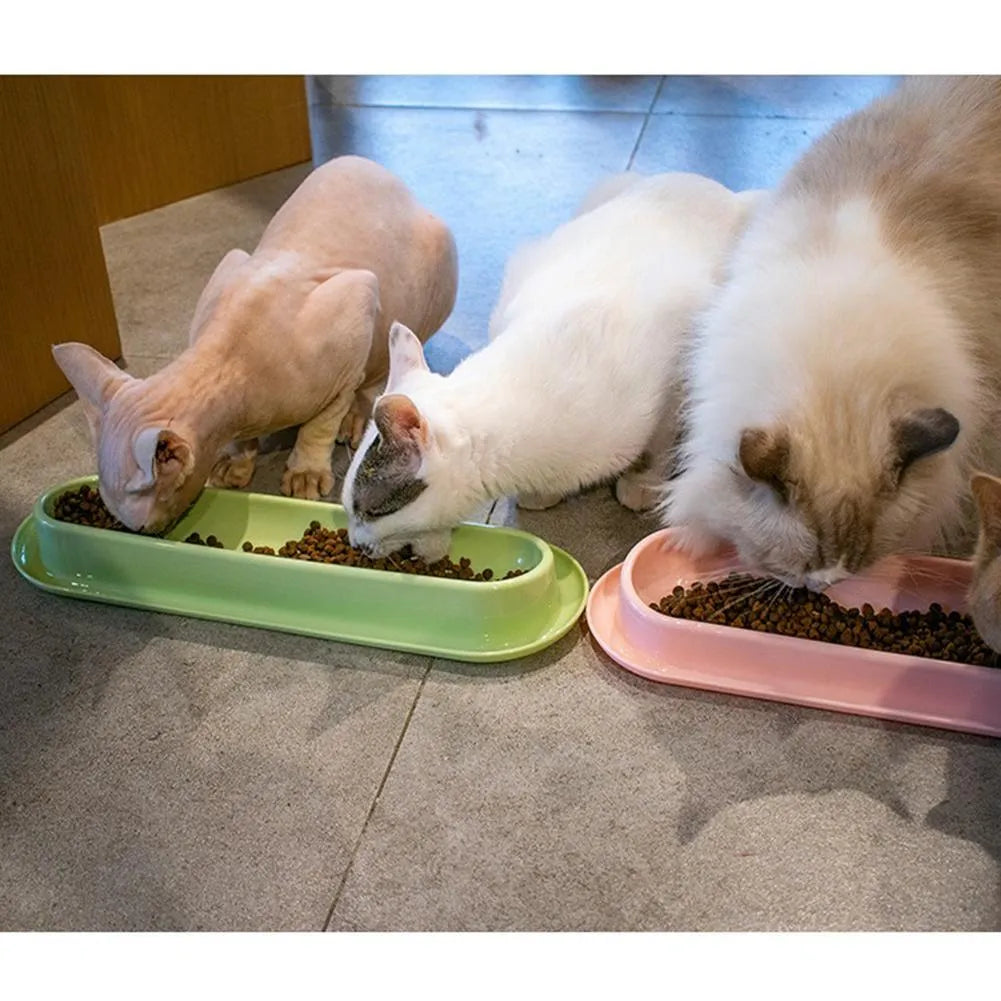 Green, pink, and yellow leakproof pet bowls with anti-slip bases for cats and dogs.