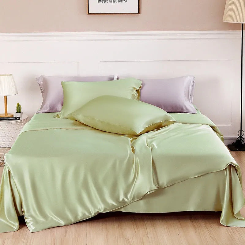 Silk duvet cover in Lotus Pink colour showing double-sided bedding with plain weave texture