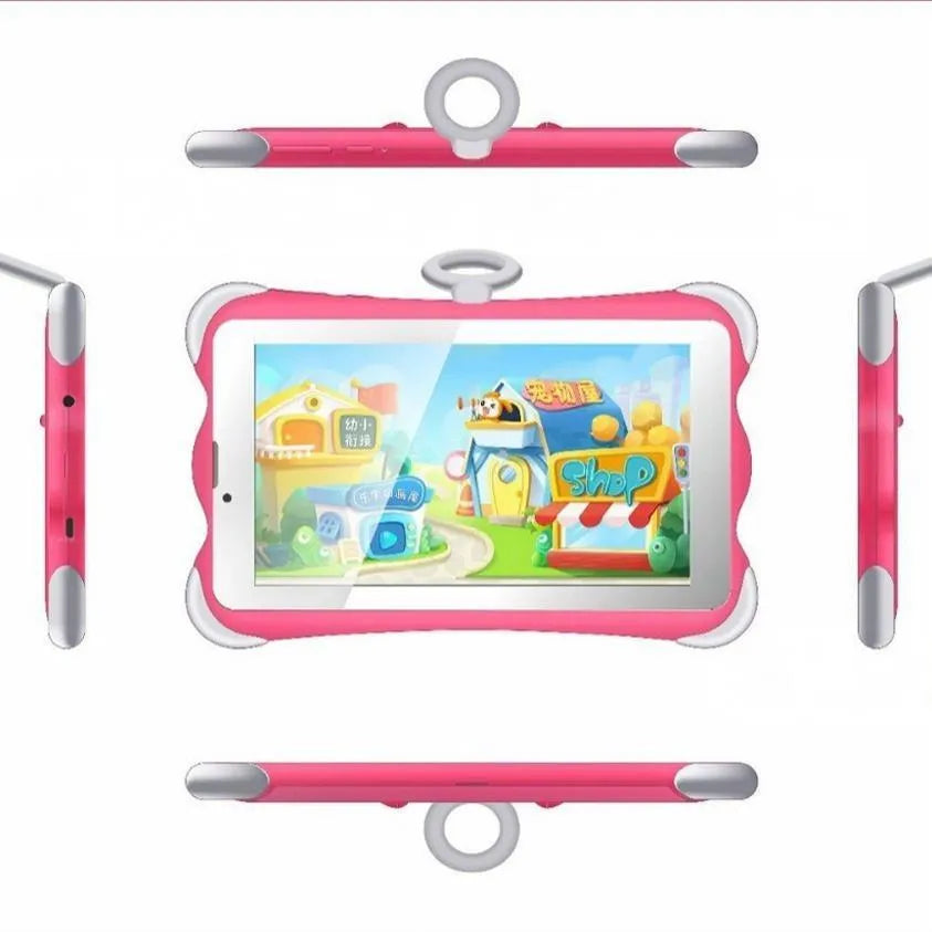 Cartoon-coloured 7-inch children's learning tablet with integrated stand shown in use.