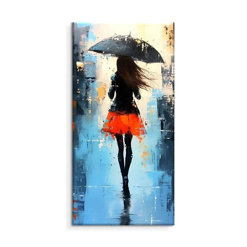 Hand-painted modern abstract people oil painting on canvas showing a walk in the rain, vertical single panel without frame