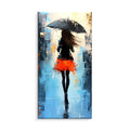 Hand-painted modern abstract people oil painting on canvas showing a walk in the rain, vertical single panel without frame