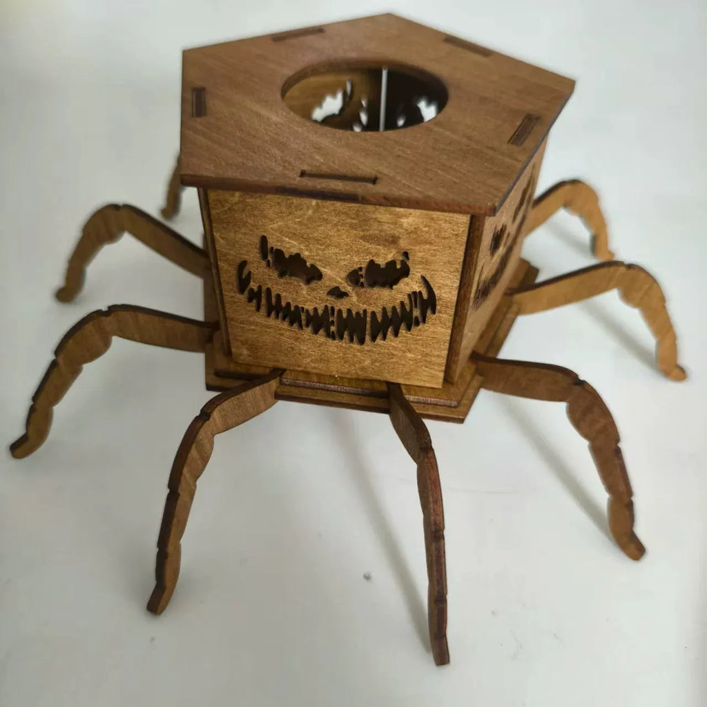 Wooden spider mini lantern candlestick Halloween decoration measuring 21 by 8.5 cm