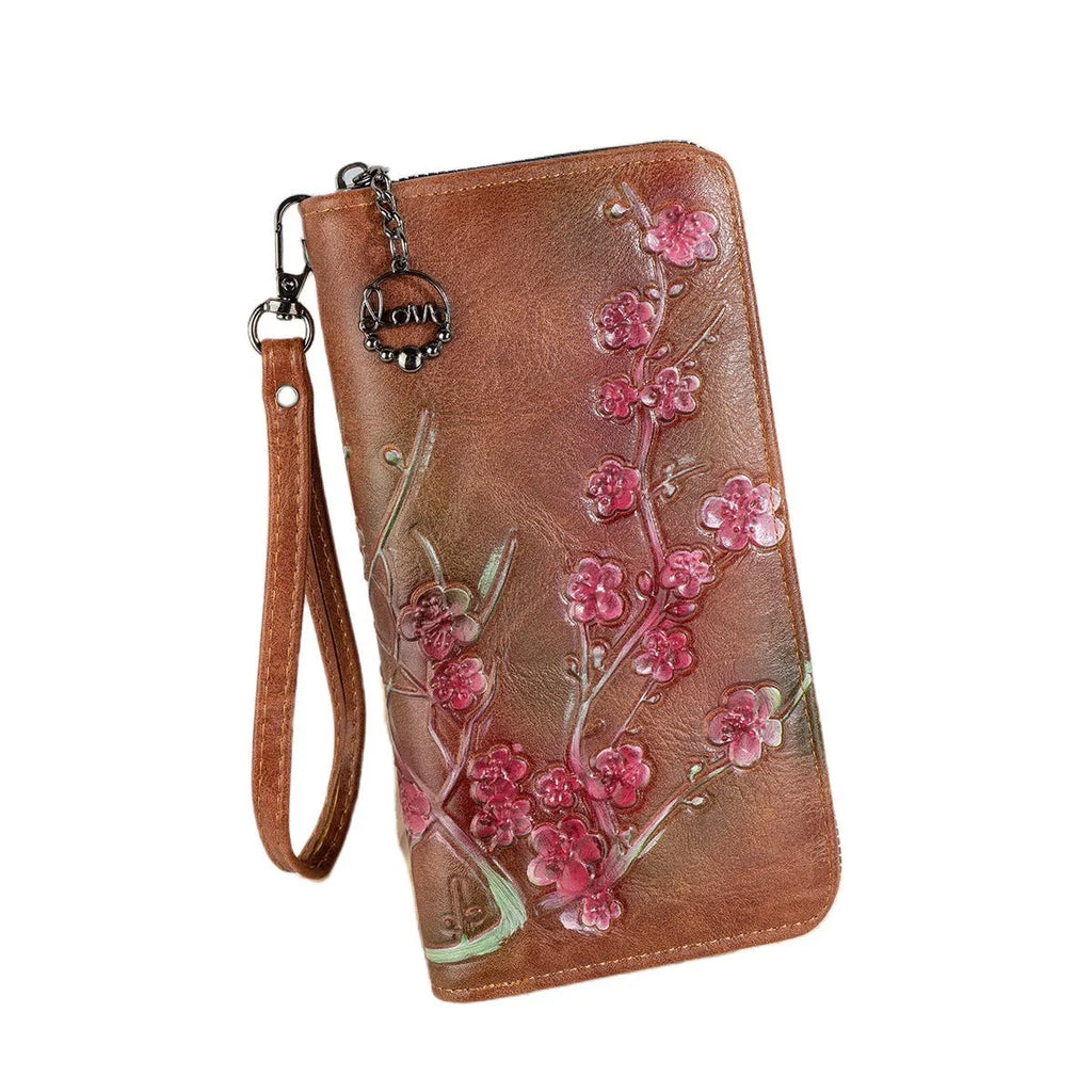 Embossed hand-painted Chinese style zipper handbag with floral pattern in brown PU material