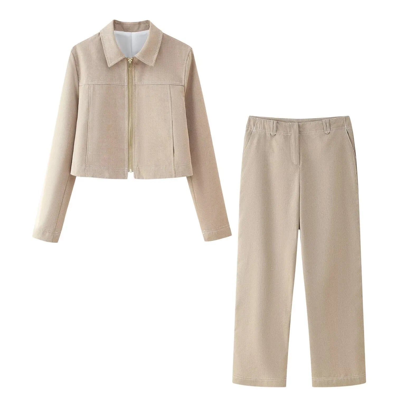Women's herringbone pattern summer suit set with 3D embroidery on jacket and matching trousers