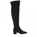 Grey women's flat over-the-knee suede boots with a pointed toe and low thick heel.