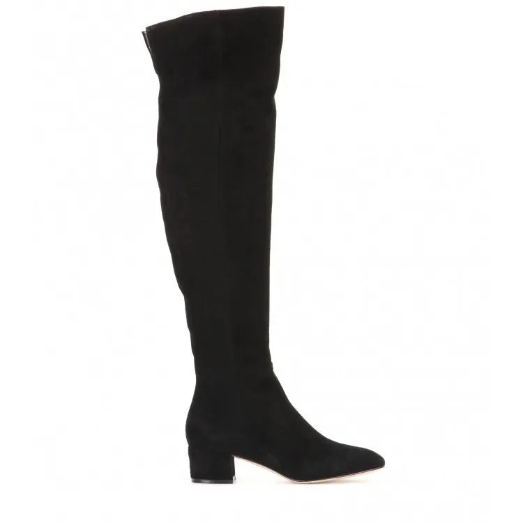 Grey women's flat over-the-knee suede boots with a pointed toe and low thick heel.