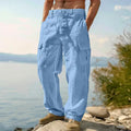 Men's solid colour wide-leg cotton casual trousers on a mid waist, shown in light army green.