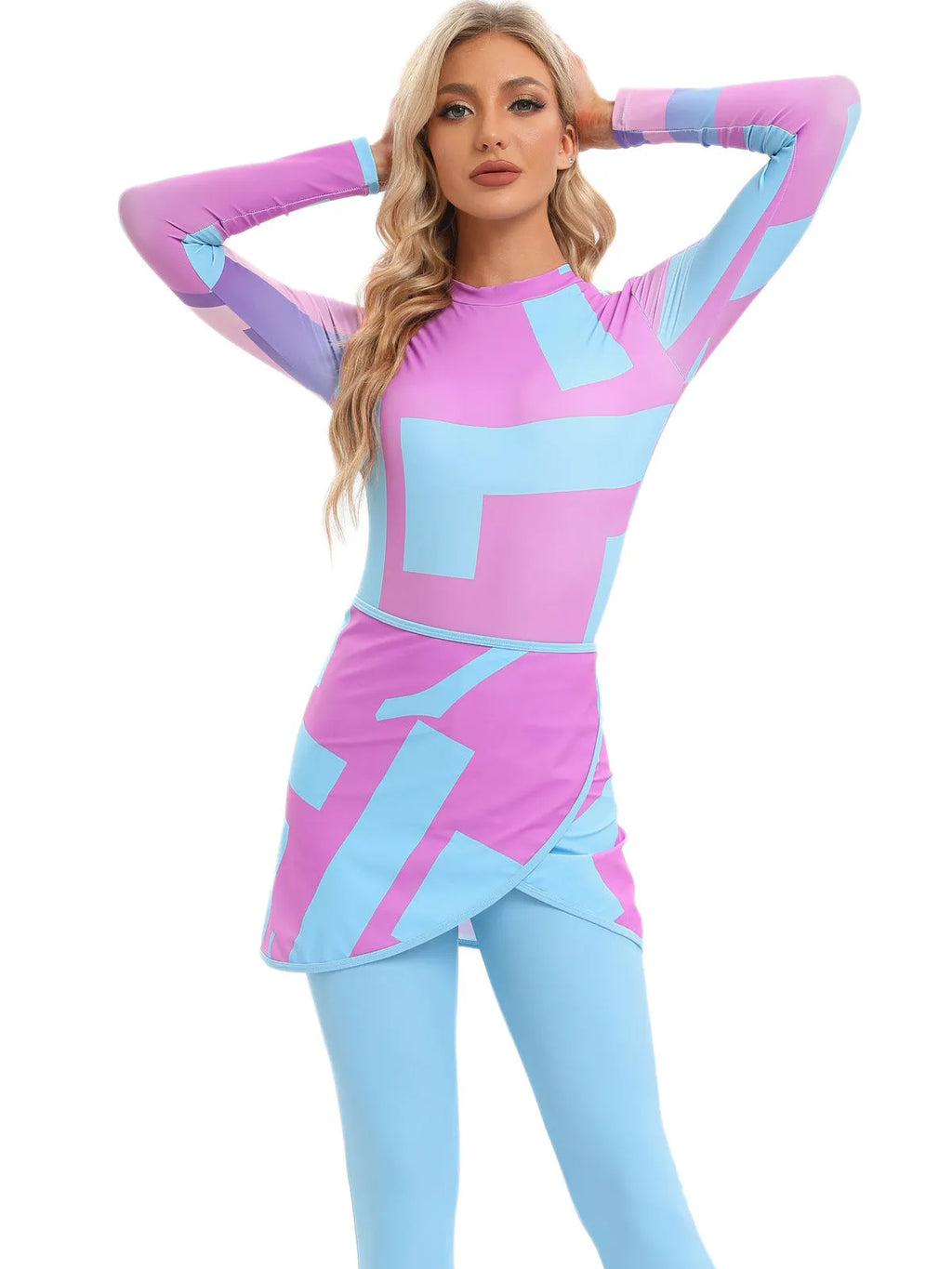 Conservative blue swimsuit three-piece set with matching apron laid flat.
